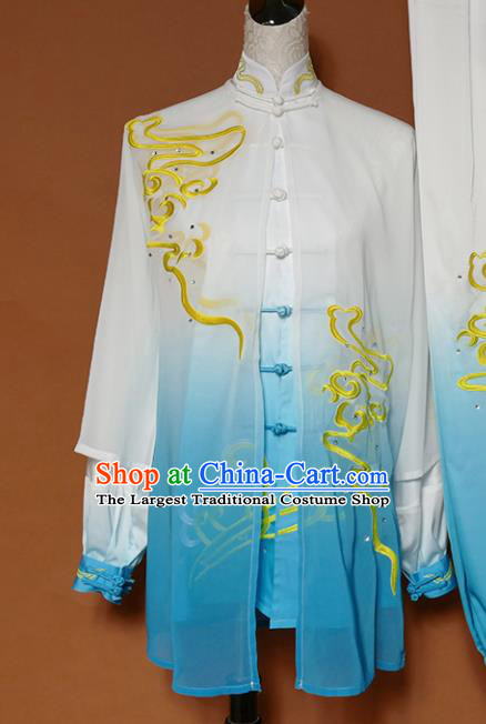Top Grade Kung Fu Costume Martial Arts Training Tai Ji Embroidered Blue Uniform for Adults