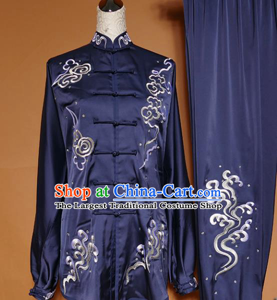 Top Group Kung Fu Costume Martial Arts Gongfu Training Uniform Tai Ji Embroidered Navy Clothing for Women