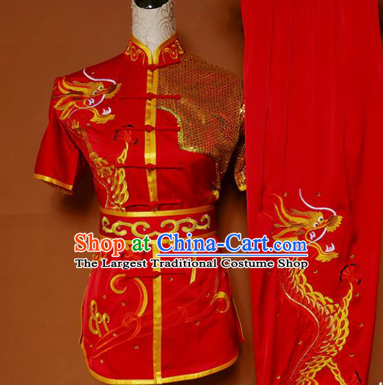 Top Kung Fu Group Competition Costume Martial Arts Wushu Embroidered Dragon Red Uniform for Men