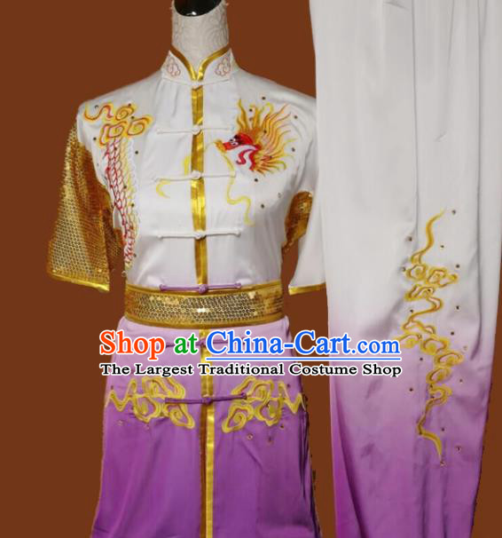 Top Kung Fu Group Competition Costume Martial Arts Wushu Embroidered Dragon Purple Uniform for Men