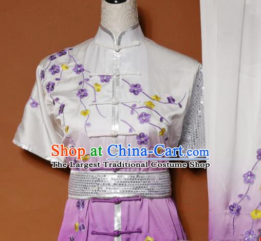 Top Tai Ji Training Embroidered Plum Blossom Purple Uniform Kung Fu Group Competition Costume for Women
