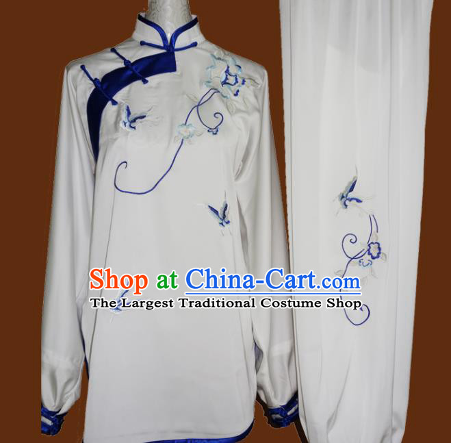 Chinese Traditional Tai Chi Embroidered Blue Butterfly Uniform Kung Fu Group Competition Costume for Women