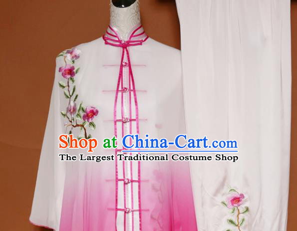 Top Tai Ji Training Embroidered Rosy Silk Uniform Kung Fu Group Competition Costume for Women