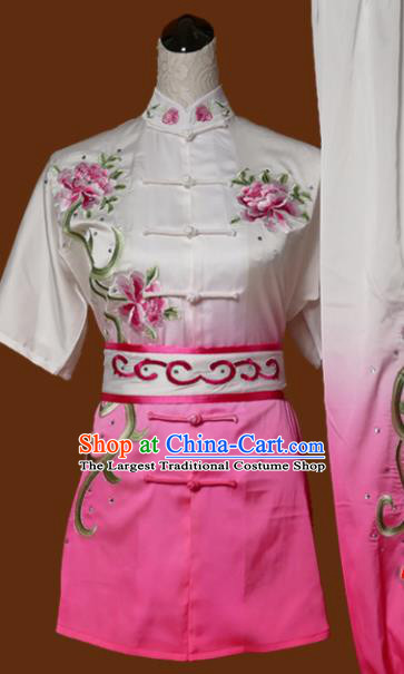 Chinese Traditional Tai Chi Training Embroidered Peony Pink Uniform Kung Fu Group Competition Costume for Women