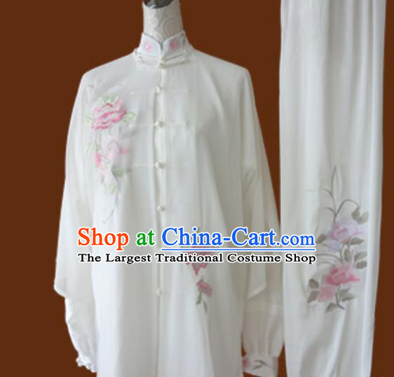 Chinese Traditional Tai Chi Embroidered White Uniform Kung Fu Group Competition Costume for Women