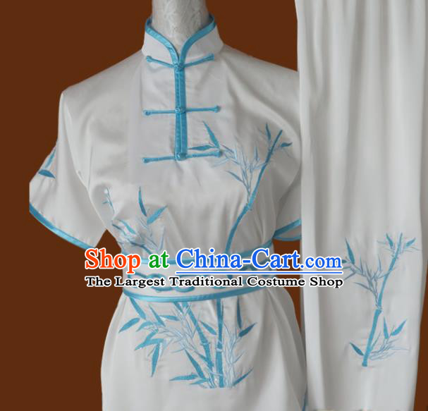 Chinese Traditional Martial Arts Embroidered Bamboo White Uniform Kung Fu Group Competition Costume for Women
