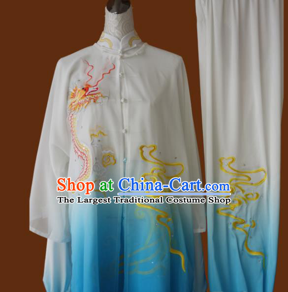Top Grade Kung Fu Embroidered Dragon Blue Costume Chinese Martial Arts Training Tai Ji Uniform for Adults
