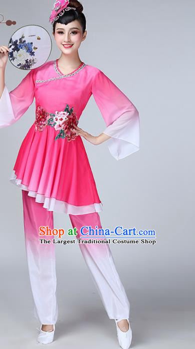 Chinese Traditional Stage Performance Folk Dance Costume National Fan Dance Rosy Clothing for Women