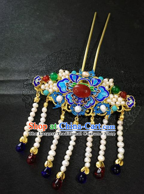 Chinese Ancient Handmade Blueing Agate Tassel Hairpins Traditional Classical Hair Accessories for Women