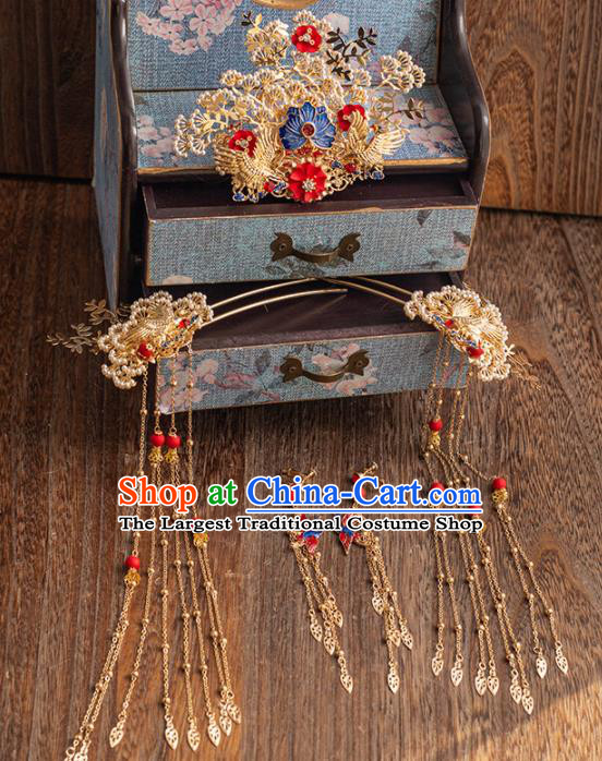 Chinese Ancient Handmade Pine Hair Crown Bride Tassel Hairpins Traditional Classical Wedding Hair Accessories for Women