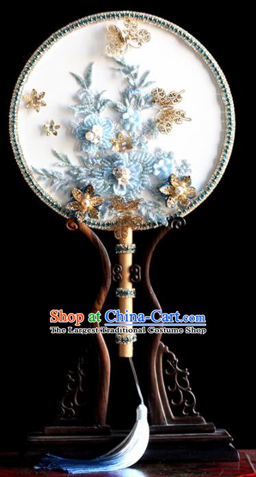 Chinese Handmade Classical Blue Flowers Palace Fans Wedding Bride Accessories Round Fan for Women