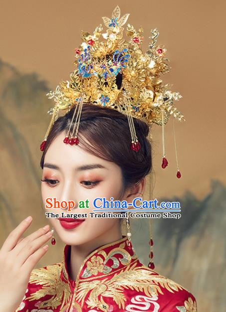 Chinese Ancient Bride Golden Phoenix Coronet Hairpins Traditional Wedding Hair Accessories for Women