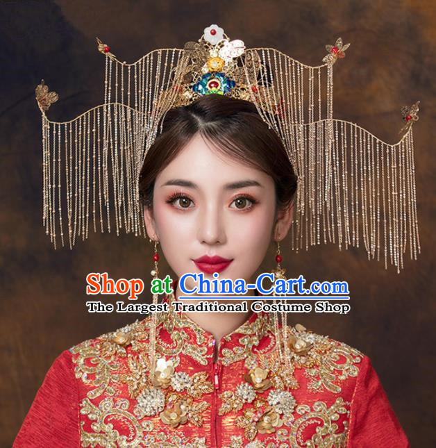 Chinese Ancient Bride Blueing Peony Phoenix Coronet Hairpins Traditional Wedding Hair Accessories for Women