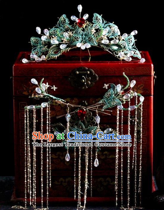 Chinese Ancient Palace Enamel Phoenix Coronet Tassel Hairpins Traditional Wedding Hair Accessories for Women