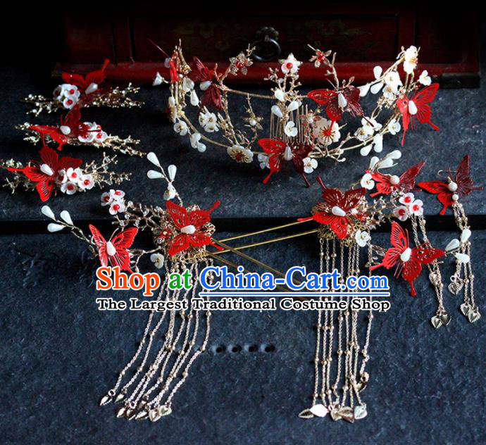 Chinese Traditional Palace Red Butterfly Tassel Phoenix Coronet Hairpins Ancient Wedding Hair Accessories for Women