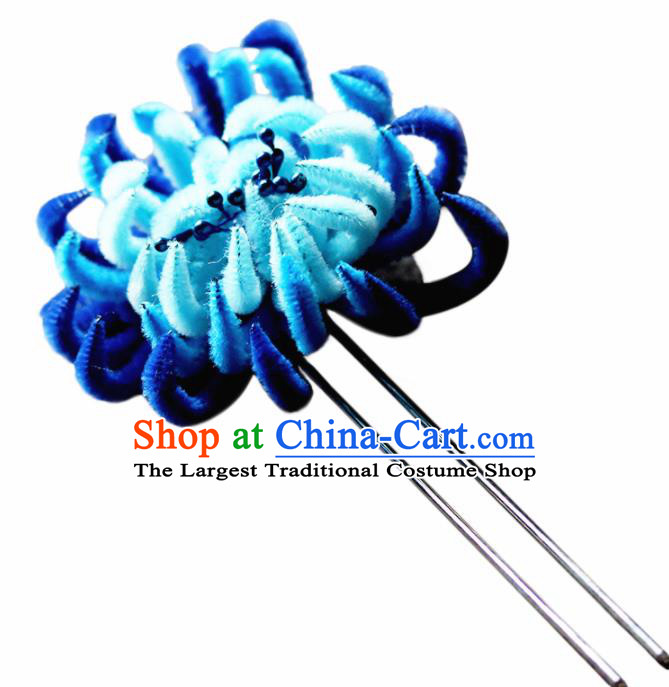 Chinese Traditional Palace Blue Velvet Flower Hairpins Ancient Wedding Hair Accessories for Women