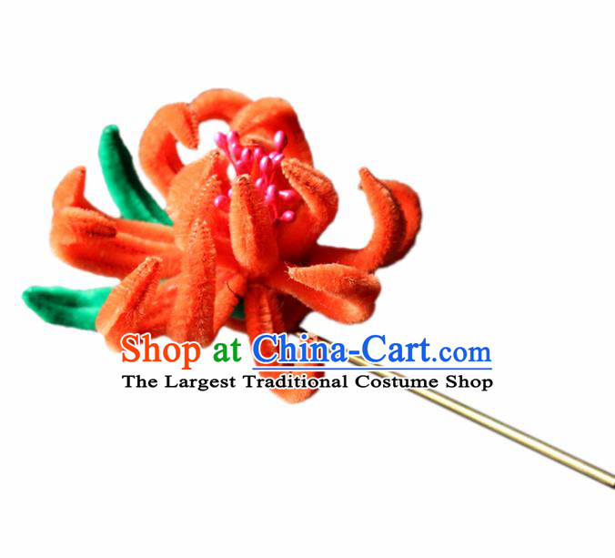 Chinese Traditional Palace Orange Velvet Flower Hairpins Ancient Wedding Hair Accessories for Women