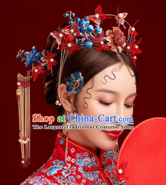 Chinese Traditional Palace Phoenix Coronet Hairpins Ancient Wedding Red Butterfly Hair Accessories for Women