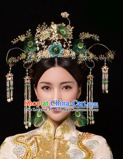 Chinese Ancient Palace Green Flowers Phoenix Coronet Hairpins Traditional Hair Accessories Headdress for Women