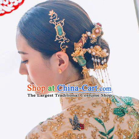 Top Grade Chinese Ancient Queen Jade Hairpins Traditional Hair Accessories Headdress for Women