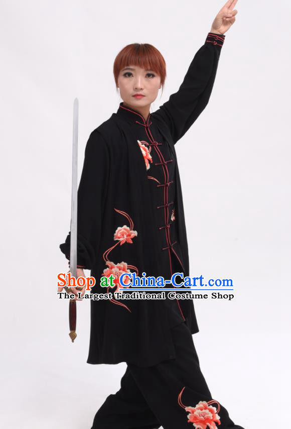 Chinese Traditional Tai Chi Printing Peony Black Costume Martial Arts Tai Ji Competition Clothing for Women