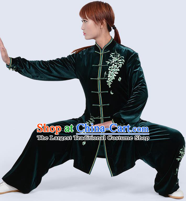 Chinese Traditional Kung Fu Embroidered Green Pleuche Costume Martial Arts Tai Ji Competition Clothing for Women