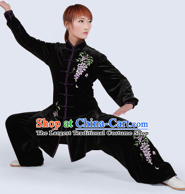 Chinese Traditional Kung Fu Embroidered Black Pleuche Costume Martial Arts Tai Ji Competition Clothing for Women