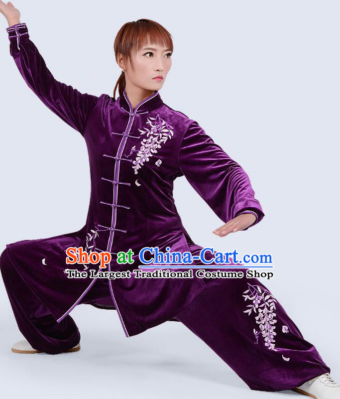 Chinese Traditional Kung Fu Embroidered Deep Purple Pleuche Costume Martial Arts Tai Ji Competition Clothing for Women