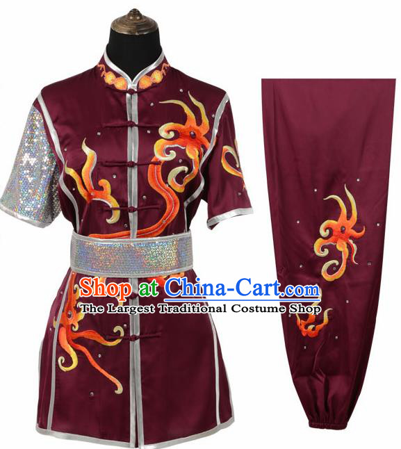 Chinese Traditional Tang Suit Embroidered Wine Red Costume Martial Arts Tai Ji Competition Clothing for Men
