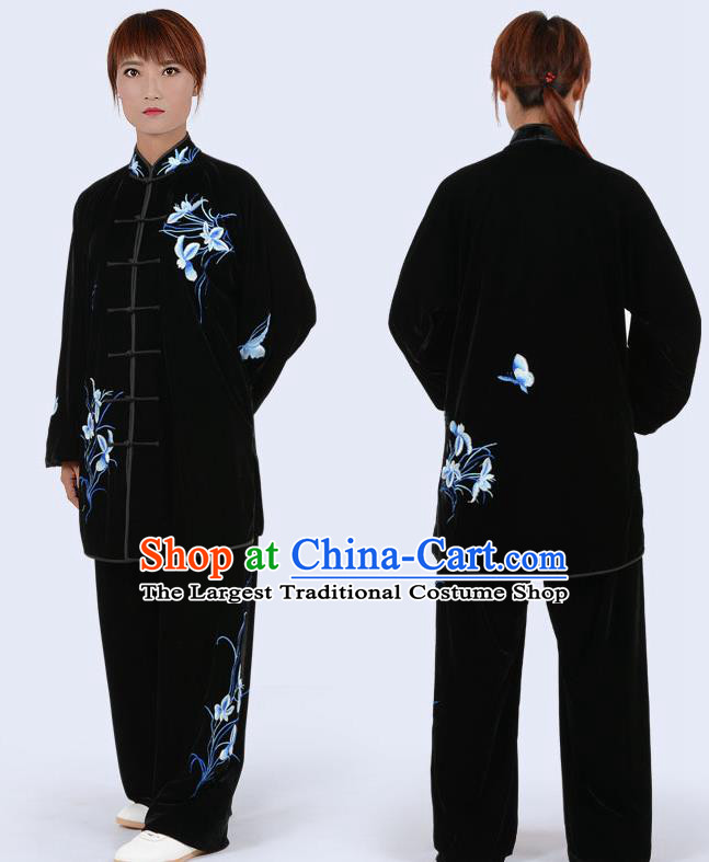 Chinese Traditional Kung Fu Velvet Costume Martial Arts Tai Ji Competition Printing Blue Orchid Clothing for Women