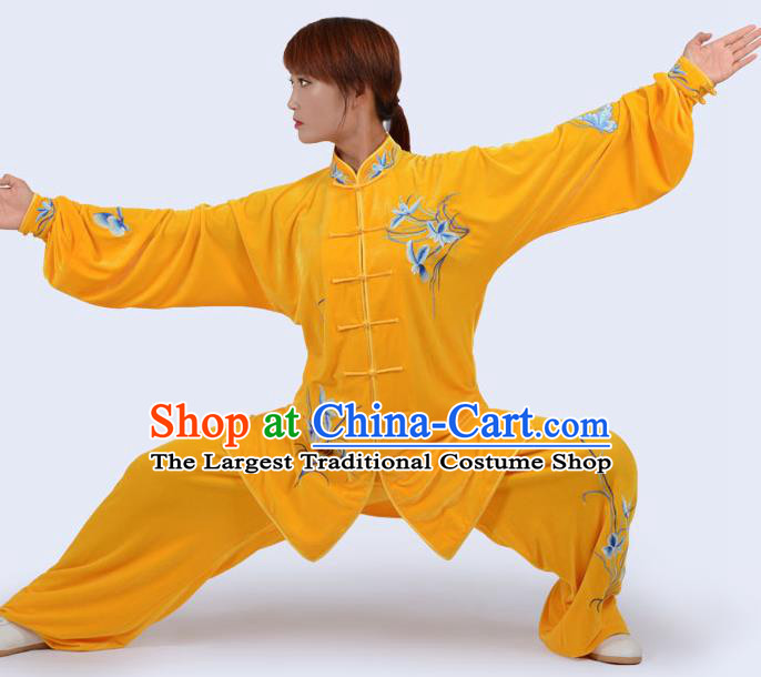Chinese Traditional Kung Fu Yellow Velvet Costume Martial Arts Tai Ji Competition Printing Orchid Clothing for Women
