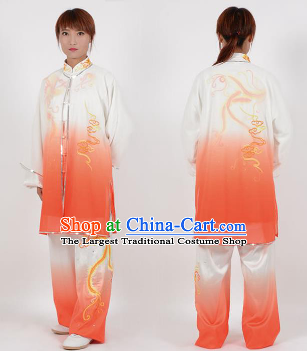 Chinese Traditional Kung Fu Embroidered Phoenix Orange Costume Martial Arts Tai Ji Competition Clothing for Women