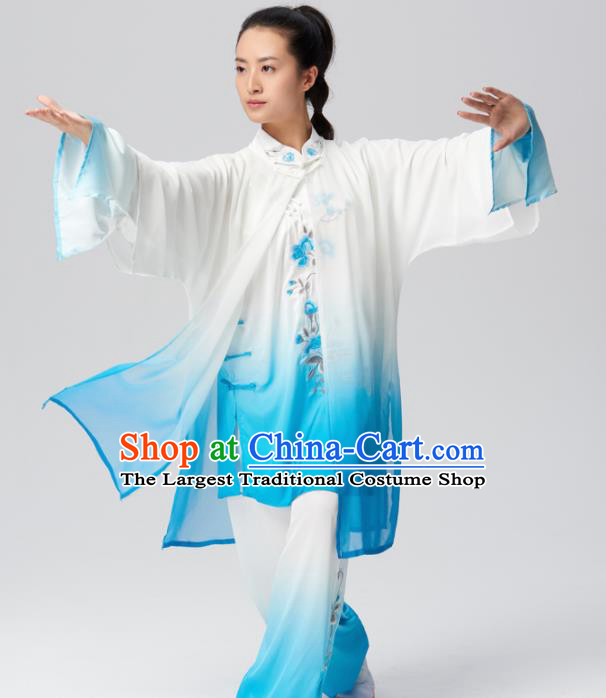 Chinese Traditional Kung Fu Tai Chi Group Embroidered Blue Costume Martial Arts Competition Clothing for Women