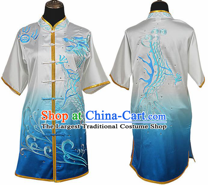 Chinese Traditional Kung Fu Embroidered Dragon Gradient Blue Costume Martial Arts Tai Ji Competition Clothing for Men