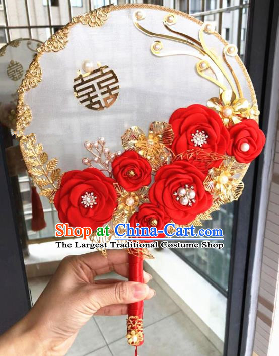 Chinese Handmade Bride Red Rose Flowers Palace Fans Wedding Accessories Classical Round Fan for Women