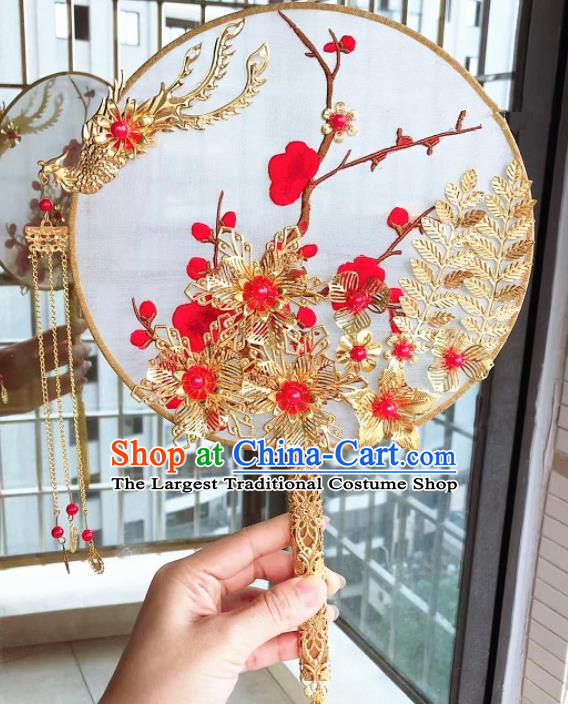Chinese Handmade Bride Embroidered Palace Fans Wedding Accessories Classical Phoenix Round Fan for Women