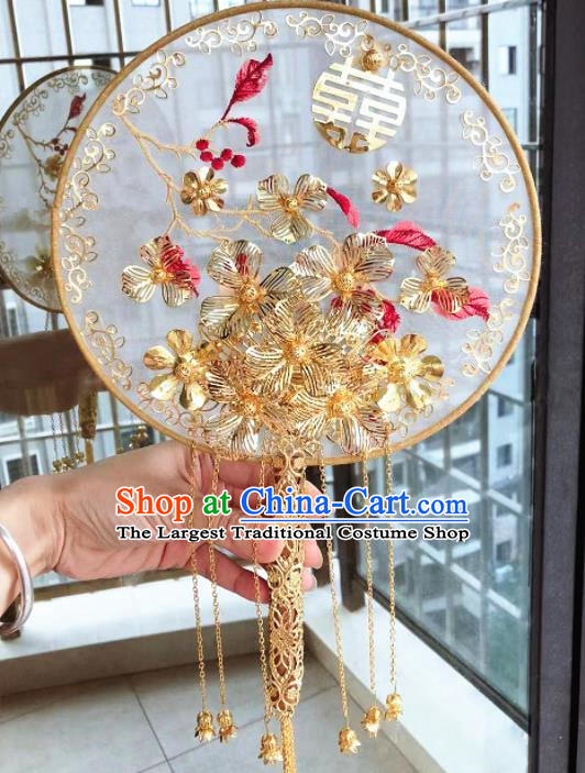 Chinese Handmade Bride Palace Fans Wedding Accessories Classical Golden Tassel Round Fan for Women