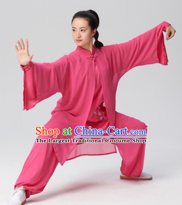 Chinese Traditional Kung Fu Tai Chi Group Embroidered Rosy Silk Costume Martial Arts Competition Clothing for Women