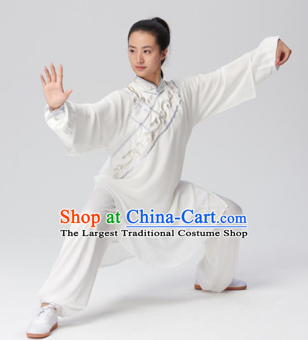 Chinese Traditional Tai Chi Group Embroidered White Costume Martial Arts Kung Fu Competition Clothing for Women