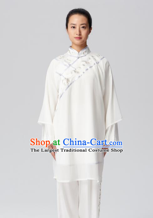 Chinese Traditional Tai Chi Group Embroidered White Costume Martial Arts Kung Fu Competition Clothing for Women