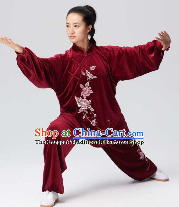 Chinese Traditional Tai Chi Group Wine Red Velvet Costume Martial Arts Kung Fu Competition Clothing for Women