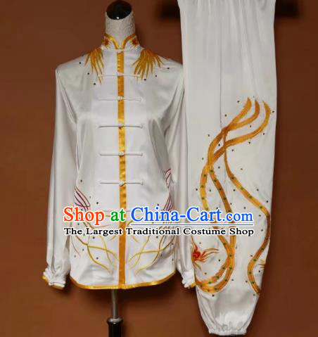 Chinese Traditional Tai Chi Group Embroidered Phoenix White Costume Martial Arts Kung Fu Competition Clothing for Women