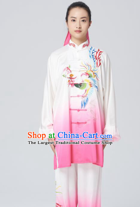 Chinese Traditional Tai Chi Group Rosy Costume Martial Arts Kung Fu Competition Embroidered Phoenix Clothing for Women
