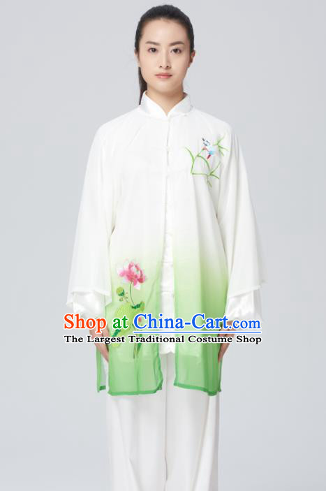 Chinese Traditional Tai Chi Group Green Silk Costume Martial Arts Kung Fu Competition Embroidered Lotus Clothing for Women