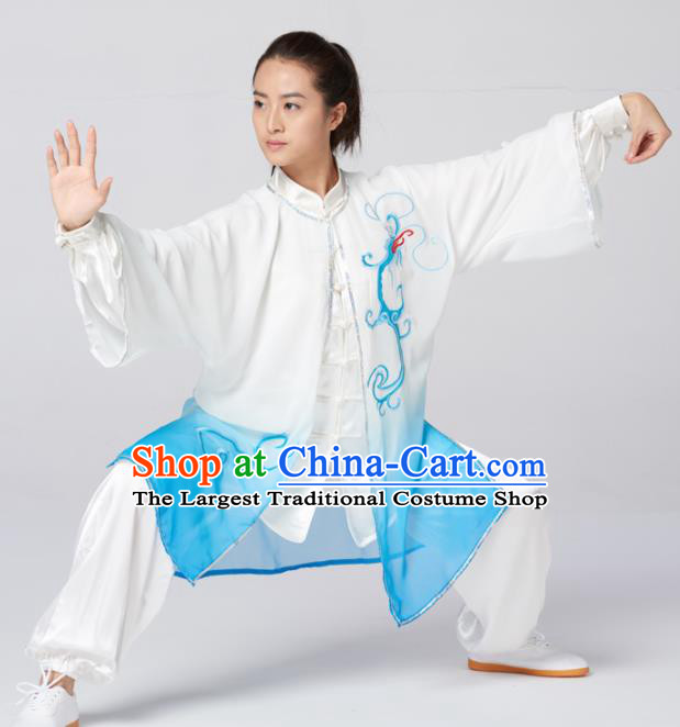 Chinese Traditional Martial Arts Kung Fu Competition Costume Tai Chi Group Embroidered Blue Silk Clothing for Women