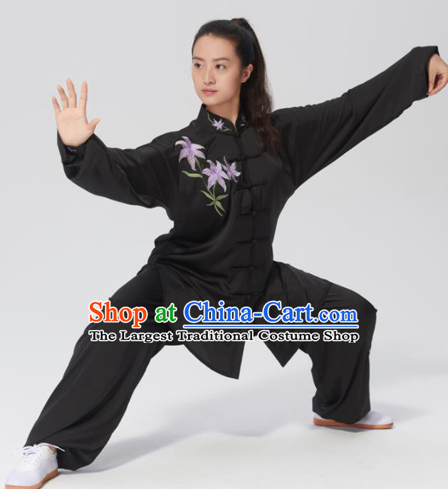 Chinese Traditional Tai Chi Group Embroidered Orchid Black Costume Martial Arts Kung Fu Competition Clothing for Women