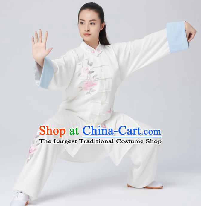 Chinese Traditional Tai Chi Group Embroidered Peony White Costume Martial Arts Kung Fu Competition Clothing for Women
