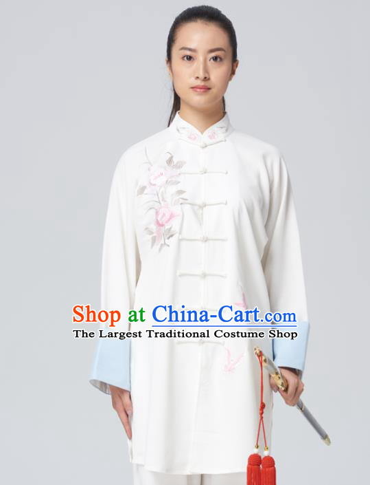 Chinese Traditional Tai Chi Group Embroidered Peony White Costume Martial Arts Kung Fu Competition Clothing for Women