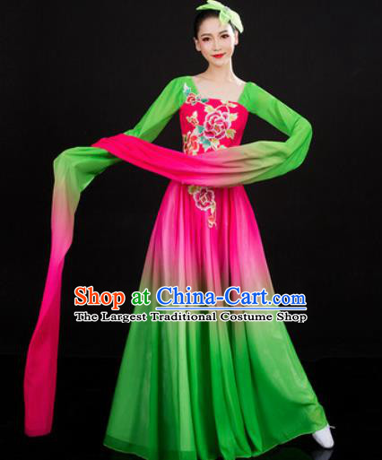 Chinese Traditional Classical Dance Printing Peony Green Dress Umbrella Dance Stage Performance Costume for Women