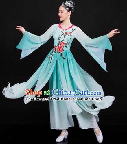 Chinese Traditional Classical Dance Green Dress Umbrella Dance Stage Performance Costume for Women